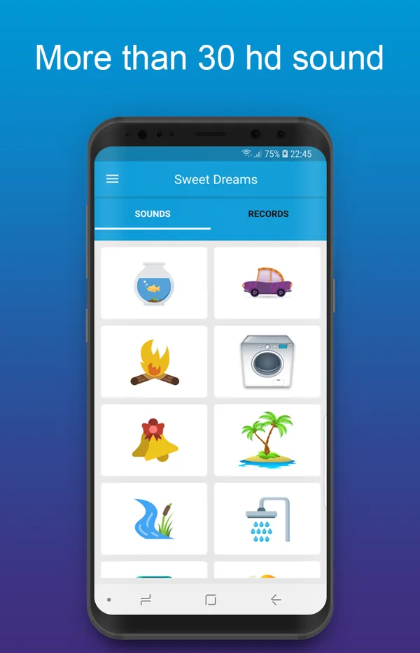 Sweet Dreams sound list with aquarium, car, campfire, washing machine, bell, sea, brook and shower sounds